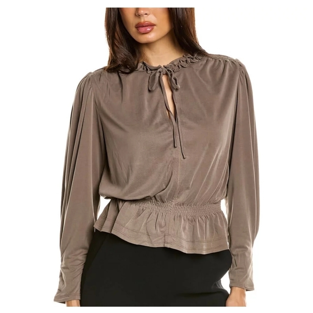Elie Tahari Peplum Blouse Top with Tie Neck Ruffle Detail in Taupe Mocha, Medium - Picture 12 of 13